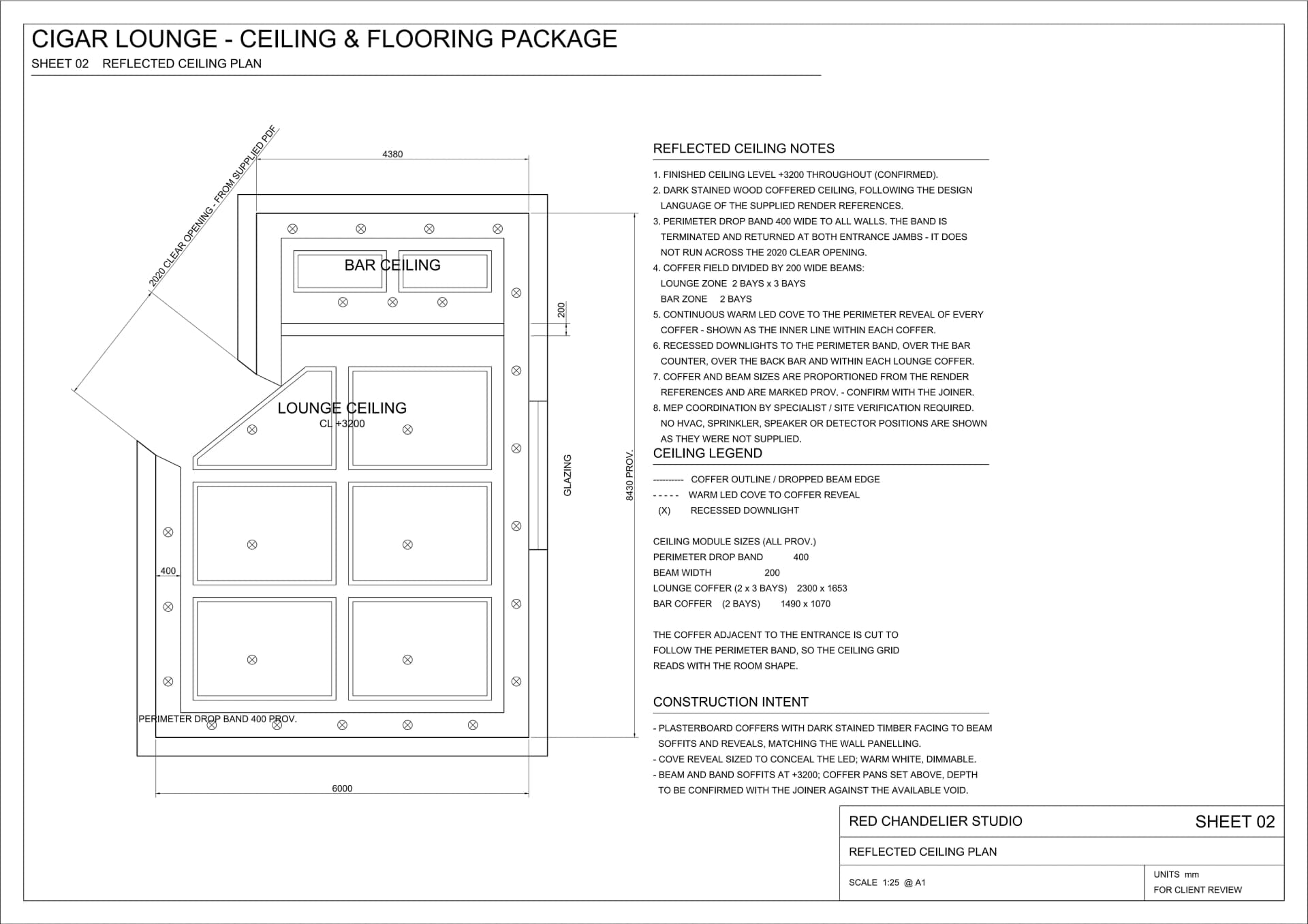Cigar lounge reflected ceiling plan showing coffered ceiling and lighting arrangement