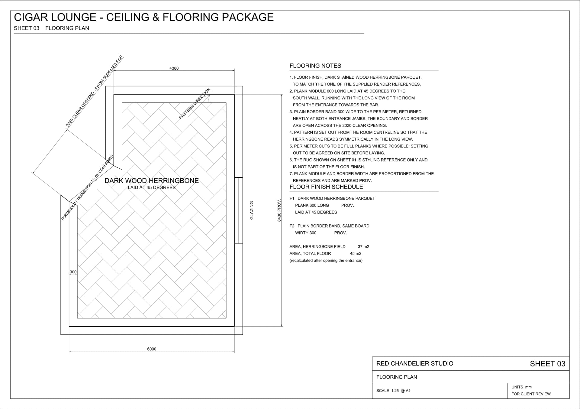 Cigar lounge herringbone flooring setting-out plan