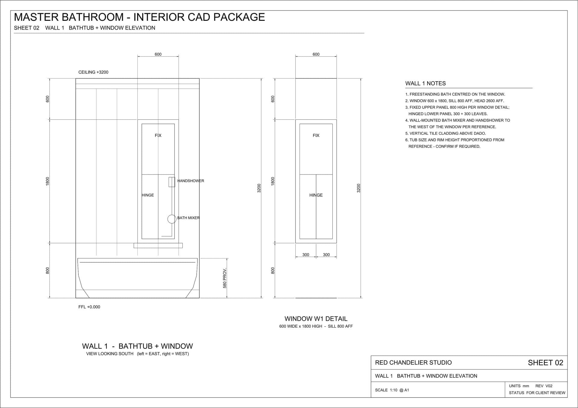 Master bathroom wall elevation showing bathtub and window setting-out