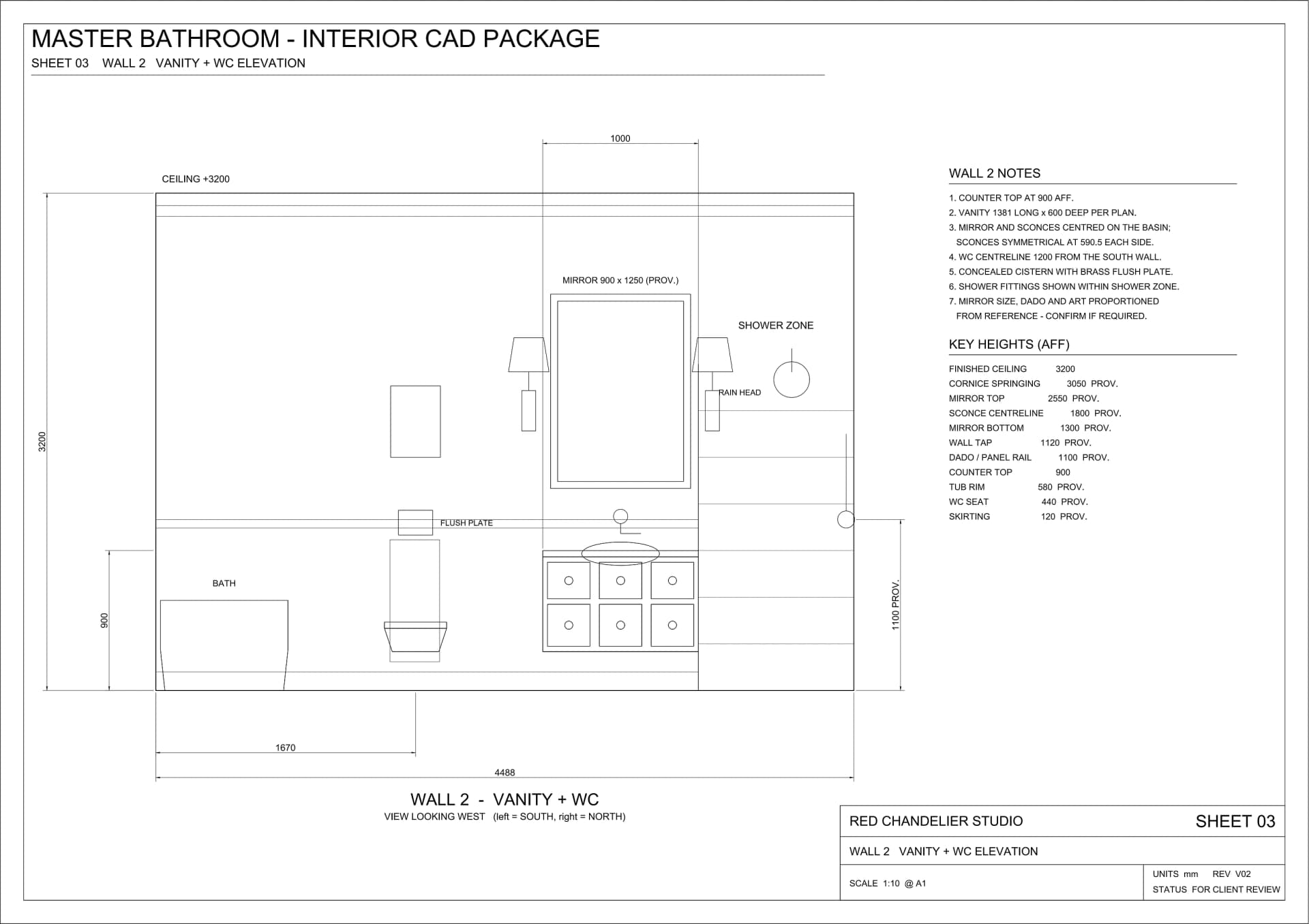 Master bathroom wall elevation showing vanity and WC wall
