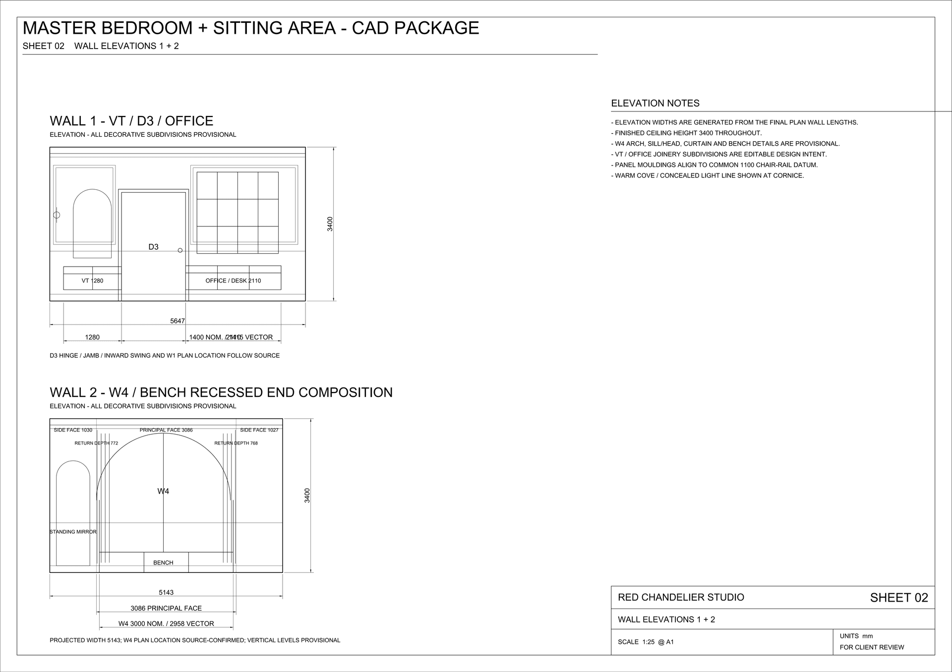 Interior wall elevations detailing custom acoustic headboard panelling, bedside sconces, and full-height wardrobe joinery