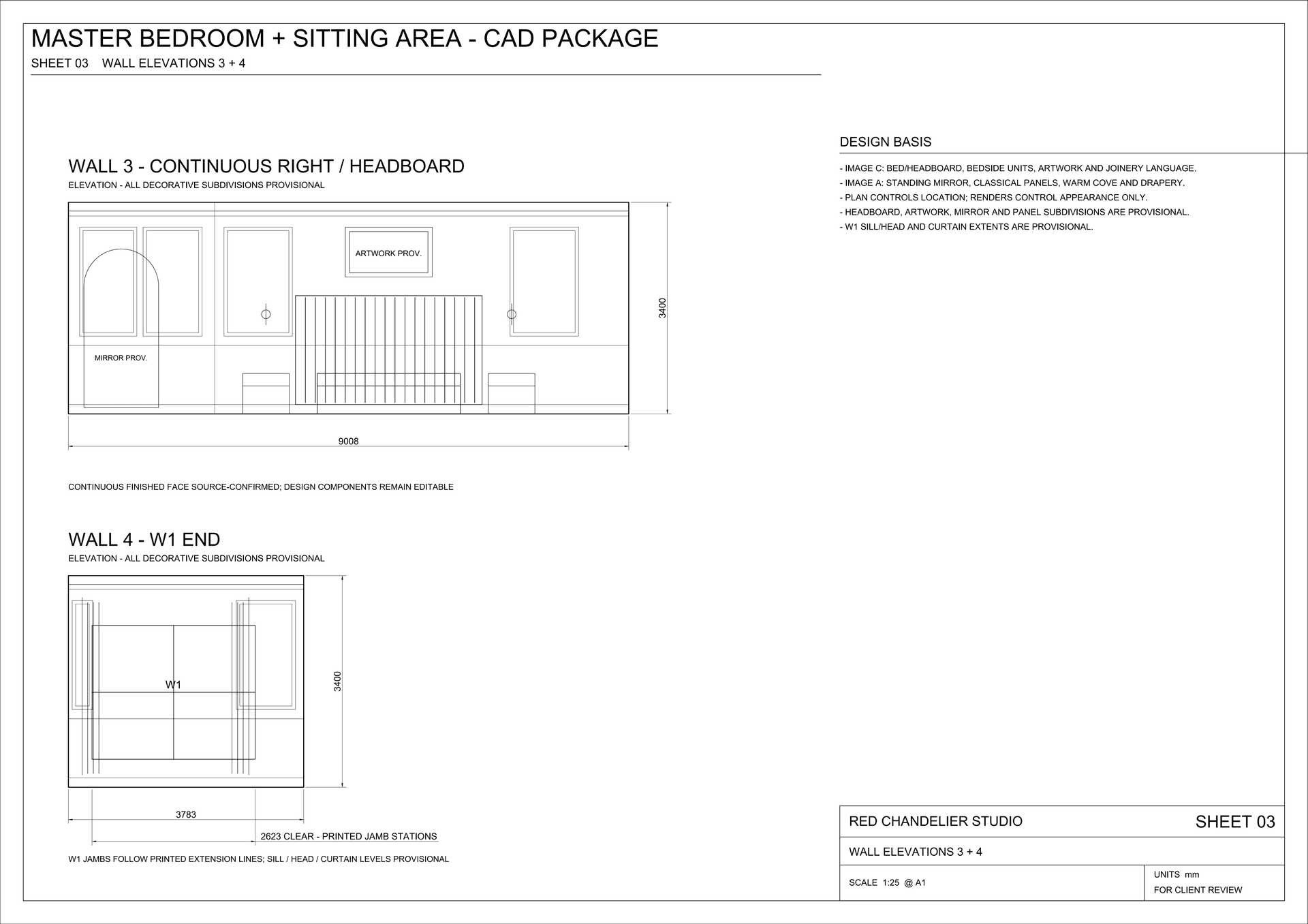 Interior wall elevations detailing integrated window bench seating, vanity mirror lighting, and study desk millwork