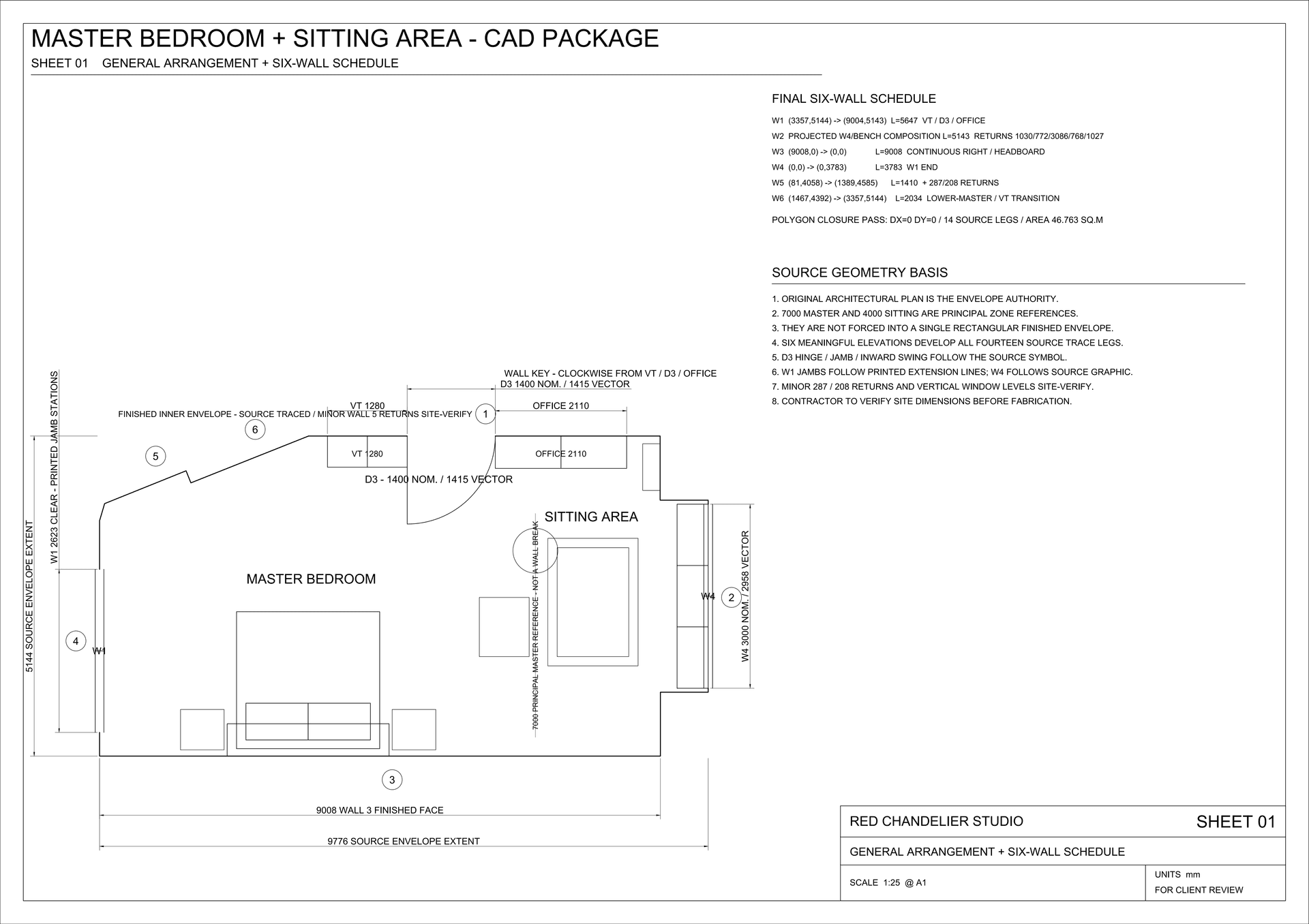 Master bedroom general arrangement plan with custom joinery, bed zone, study office, and sitting bench setting-out