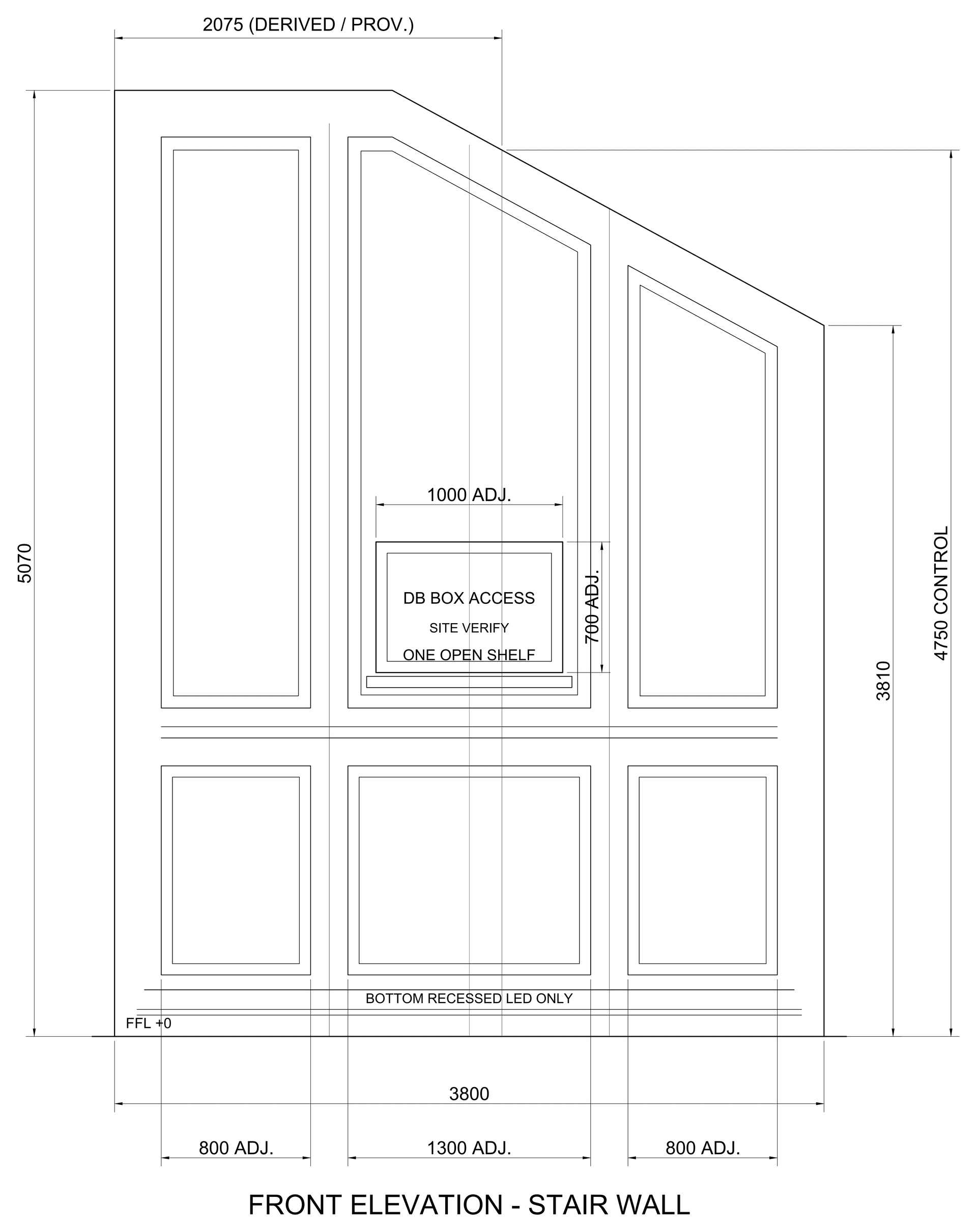 Architectural joinery construction detail for custom stair feature wall with panel joint reveals and concealed fixings