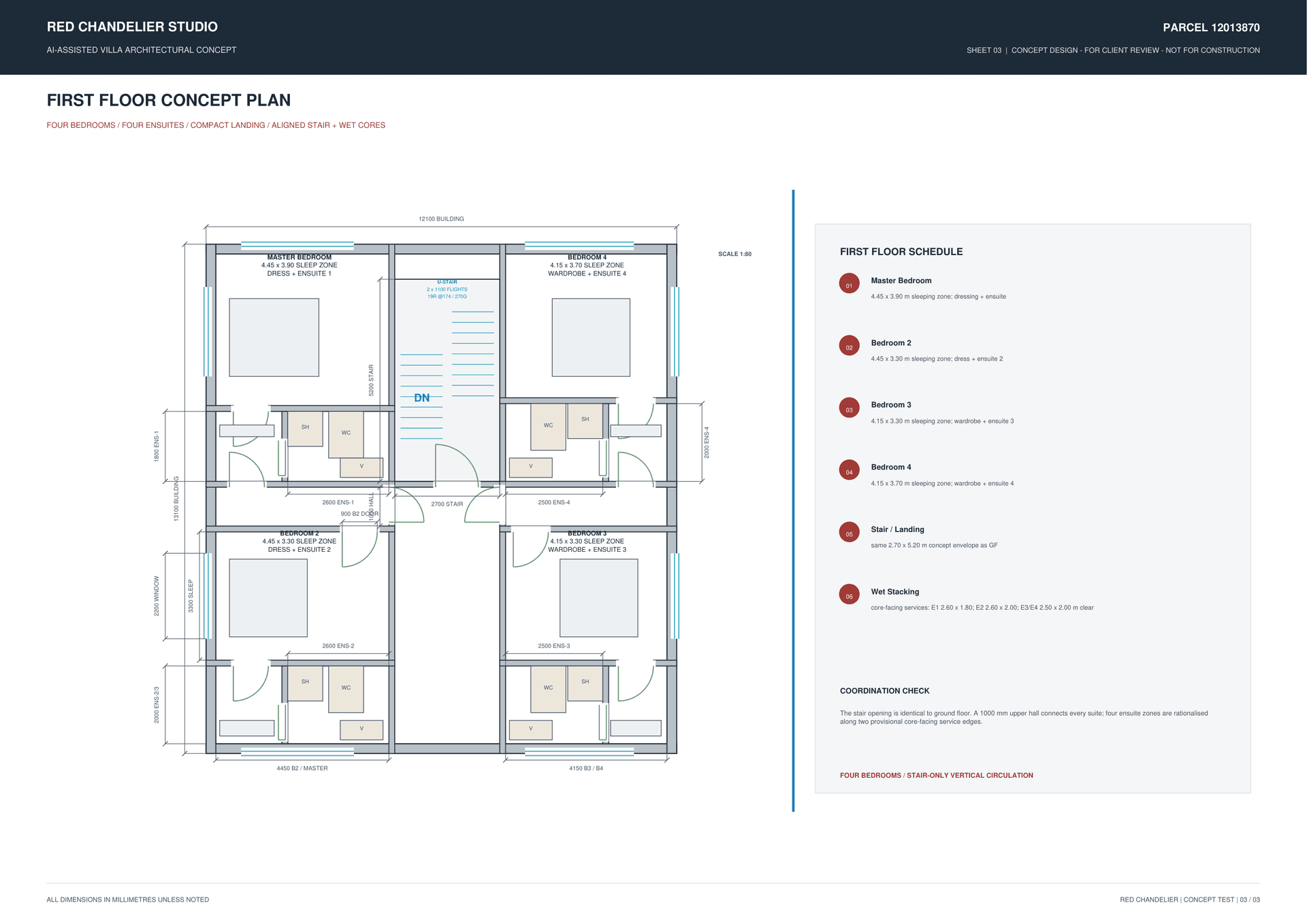 First floor bedroom suites arrangement with walk-in closets, ensuite bathrooms, family lounge, and terrace balconies