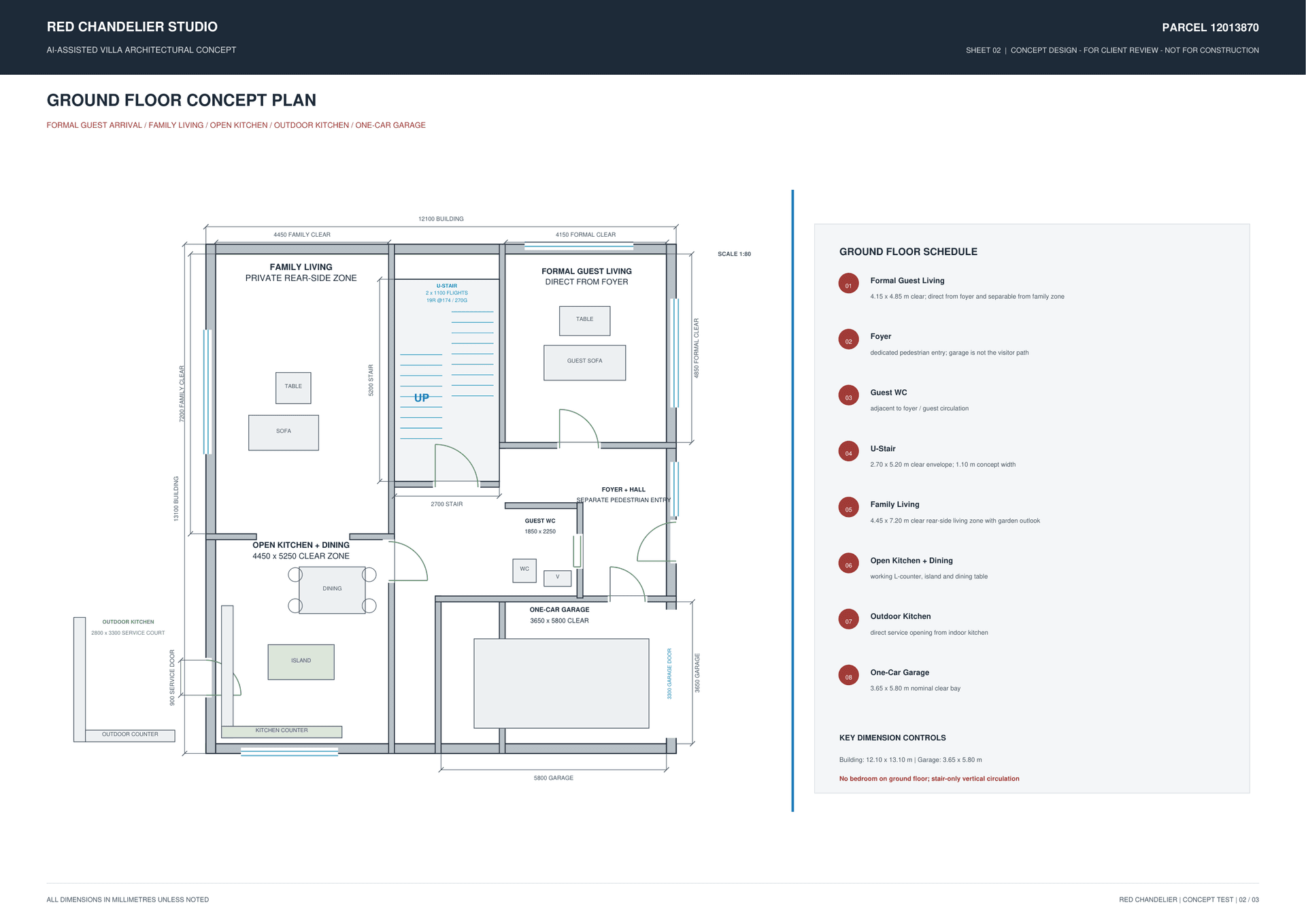 Ground floor layout with double-height foyer, formal majlis, family living, show kitchen, and service quarters