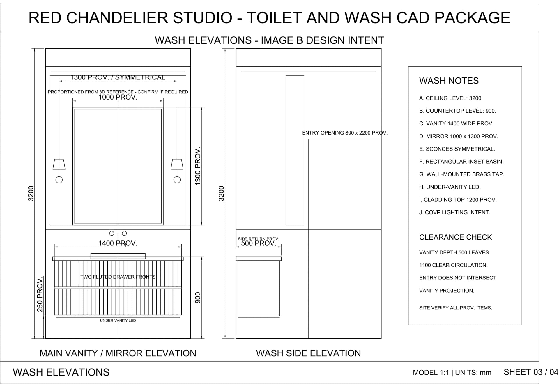 Wash feature wall elevation detailing decorative panelling and fixtures