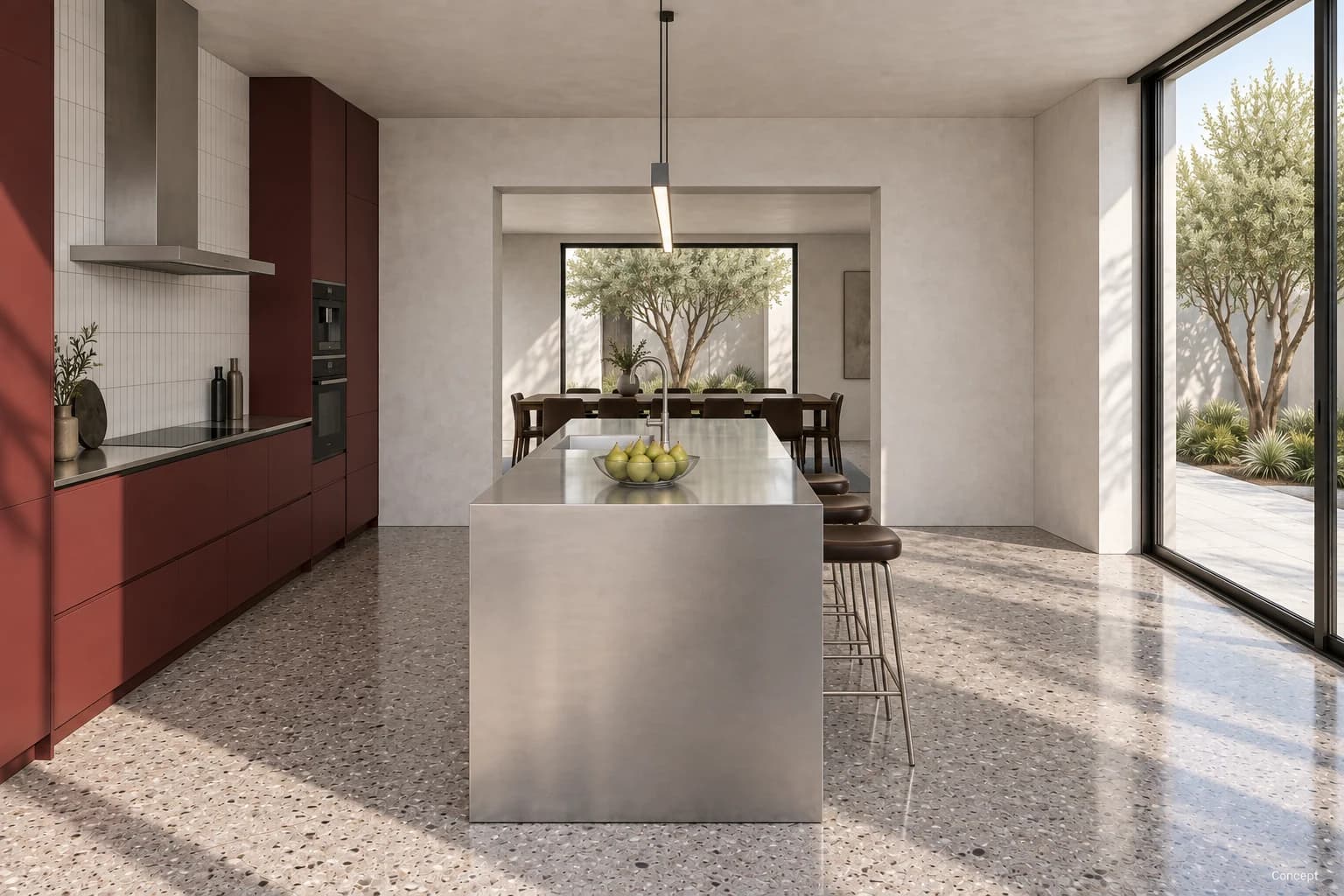 Long brushed-steel kitchen island facing a bright dining opening, with oxblood cabinets to the left. AI-generated concept study.