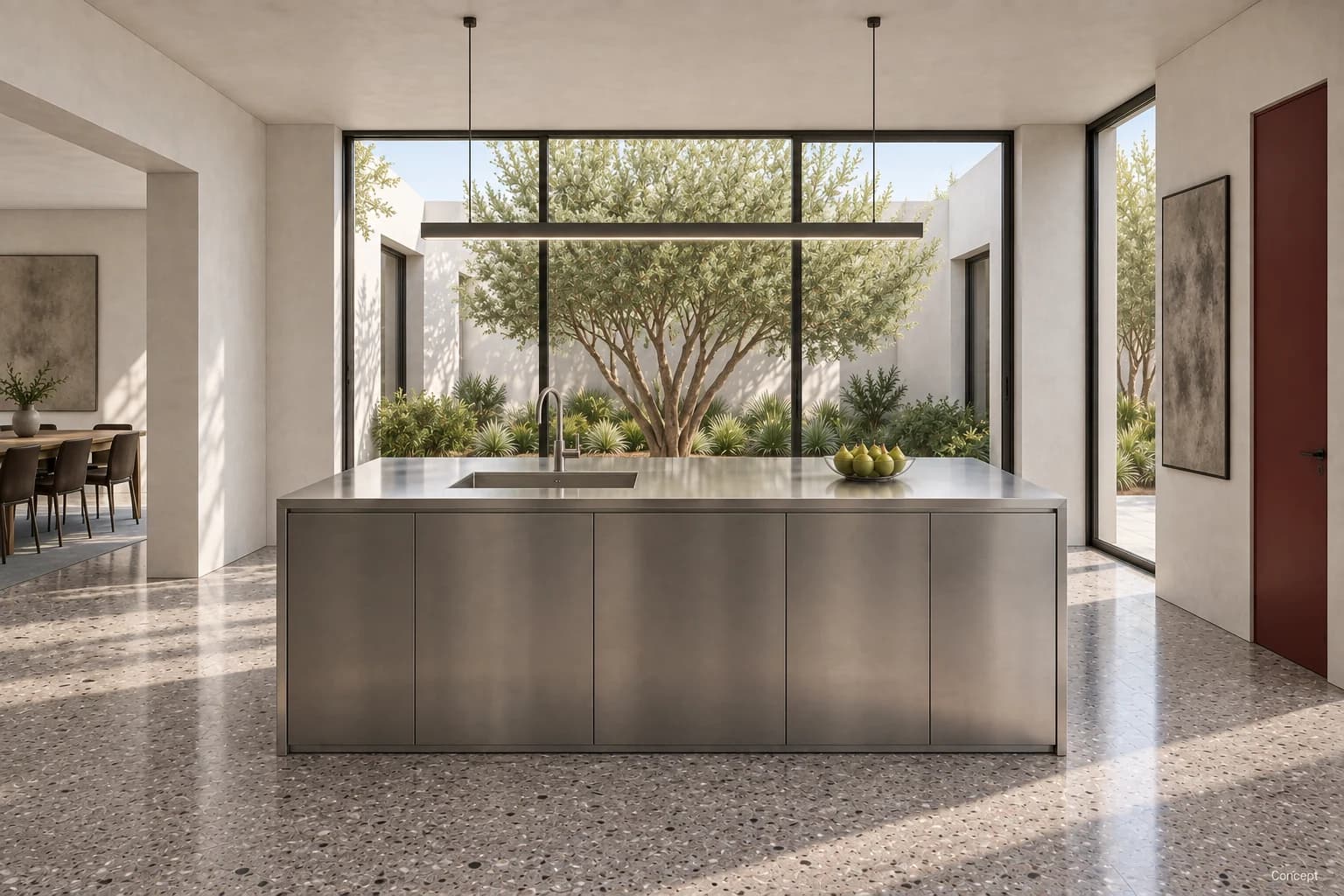 Stainless-steel kitchen island and slim pendant framed by full-height glazing onto a planted courtyard. AI-generated concept study.