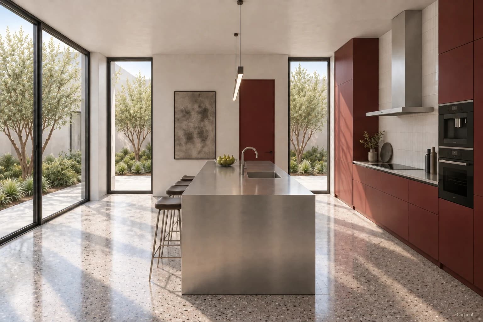 Oxblood kitchen cabinets and a steel island beside courtyard glazing, facing a charcoal artwork. AI-generated concept study.