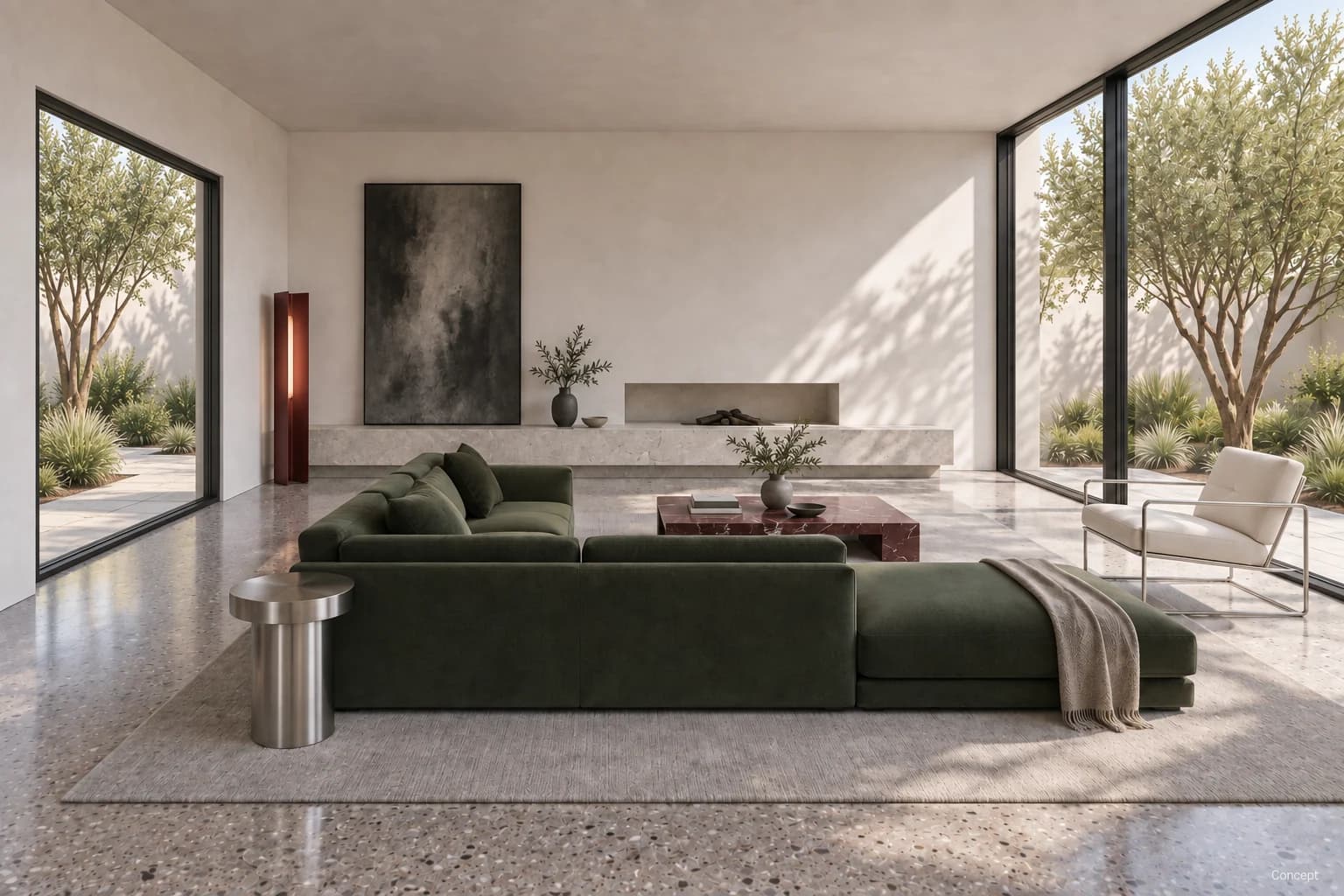 Forest-green sectional sofa, burgundy marble coffee table and pale fireplace wall between garden windows. AI-generated concept study.