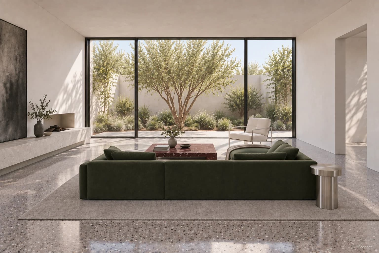 Green sectional sofa and marble coffee table facing a sunlit garden through black-framed glazing. AI-generated concept study.