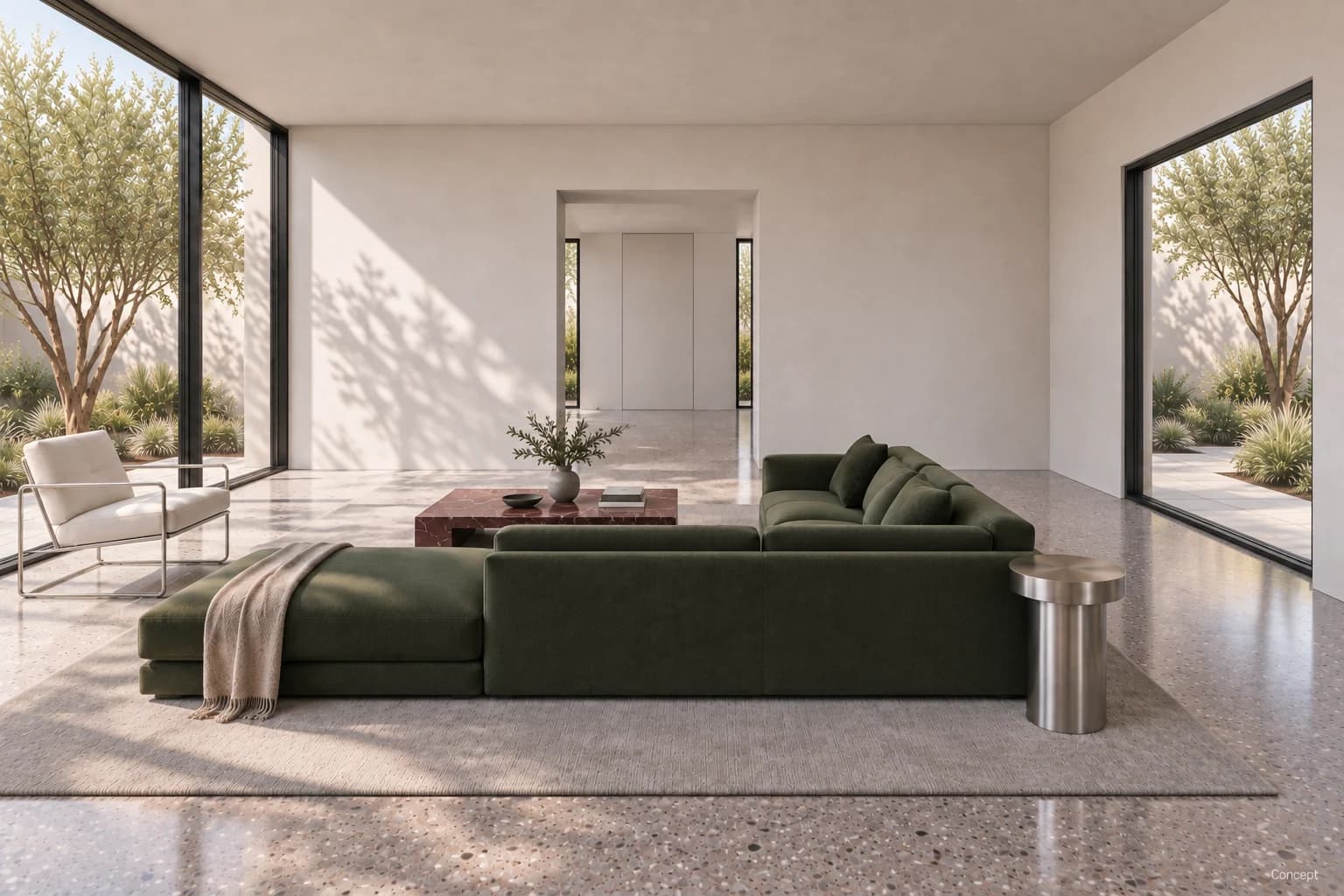 Green sofa and burgundy marble table in a quiet white living room with a central gallery opening. AI-generated concept study.