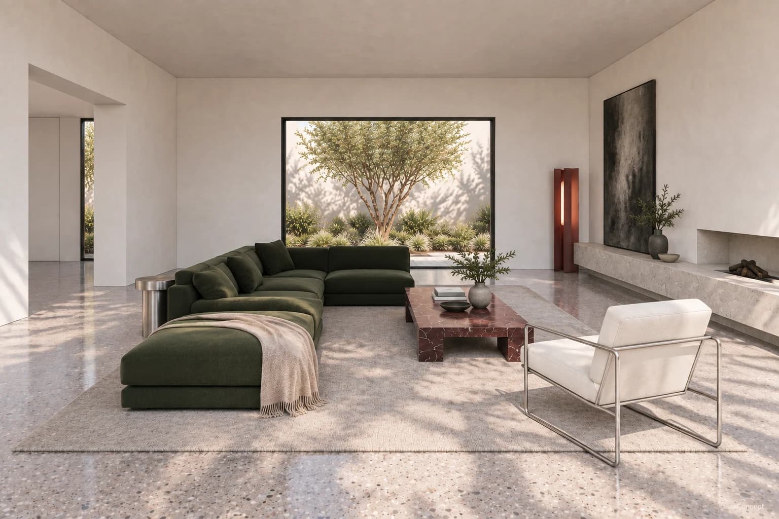 Side view of a green sectional sofa, marble coffee table, pale fireplace bench and garden glazing. AI-generated concept study.