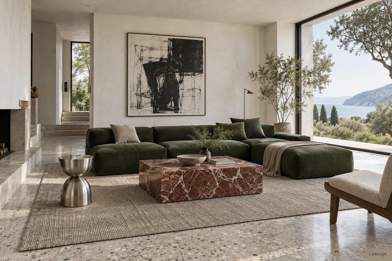 Forest-green sectional sofa and burgundy marble table beneath a large charcoal artwork in a glazed living room. AI-generated concept study.