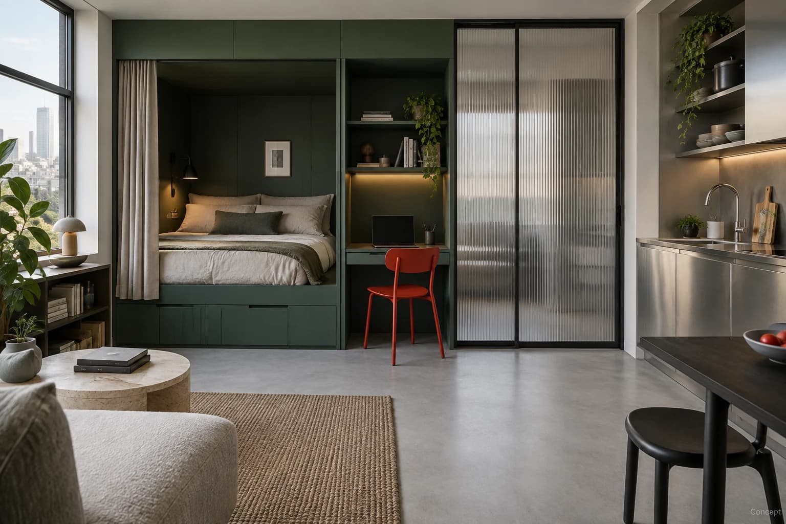 Deep green joinery unifies a sleeping nook, kitchen and living area in a compact apartment. AI-generated concept study.