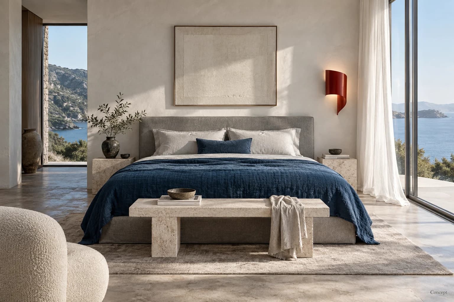 Blue bed linen, pale plaster walls and a low upholstered bed beside broad coastal-view windows. AI-generated concept study.
