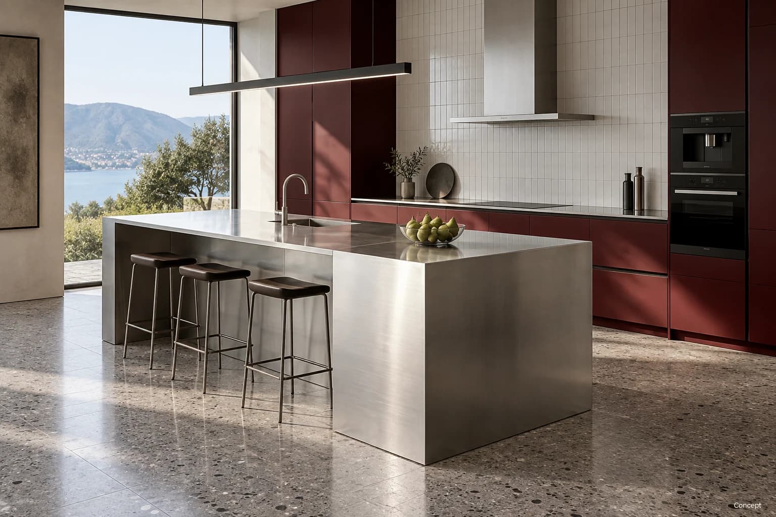 A sculptural stainless-steel island, three stools and oxblood cabinetry in a bright contemporary kitchen. AI-generated concept study.