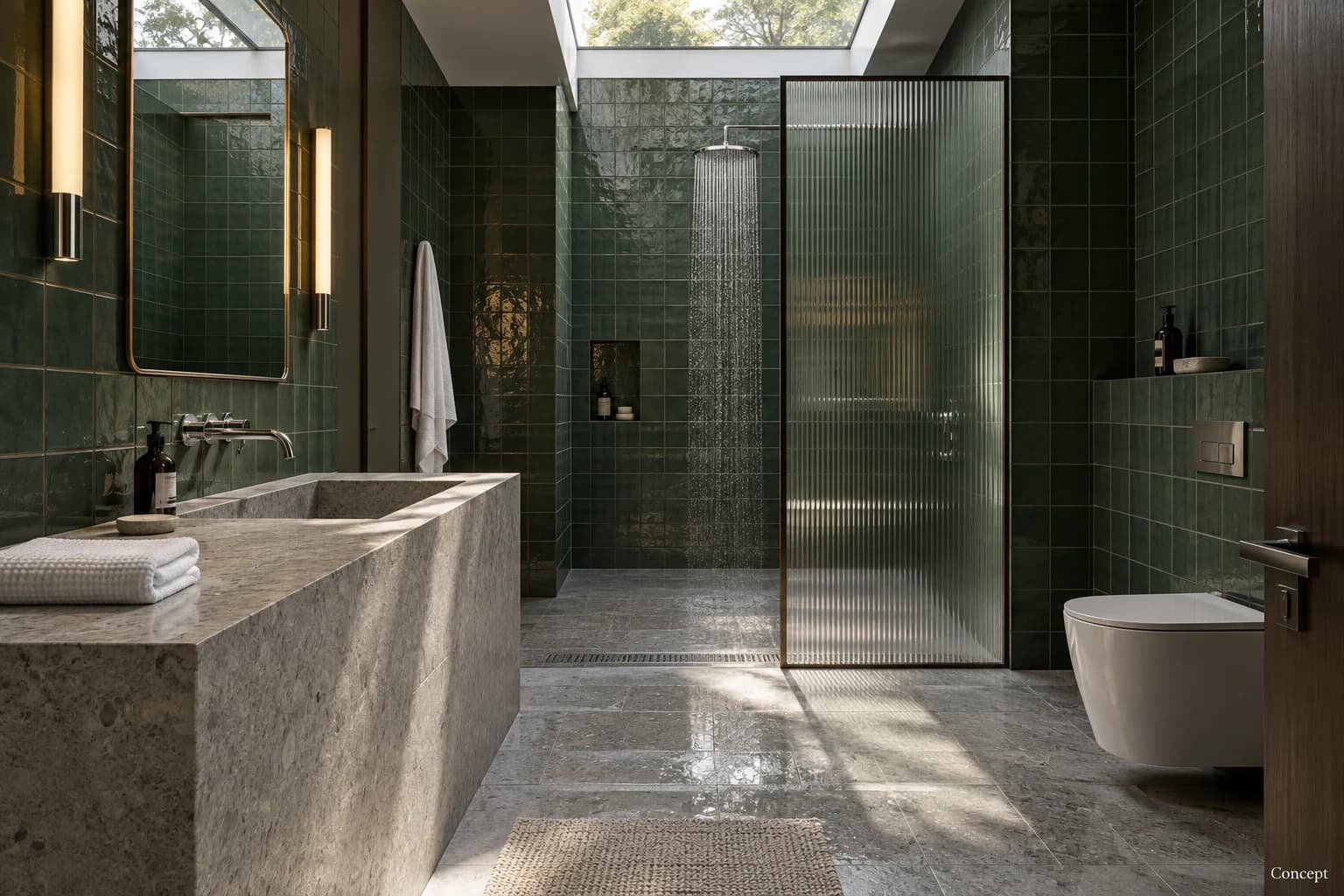 Double stone vanity and green tiled shower enclosure lit by a large skylight. AI-generated concept study.