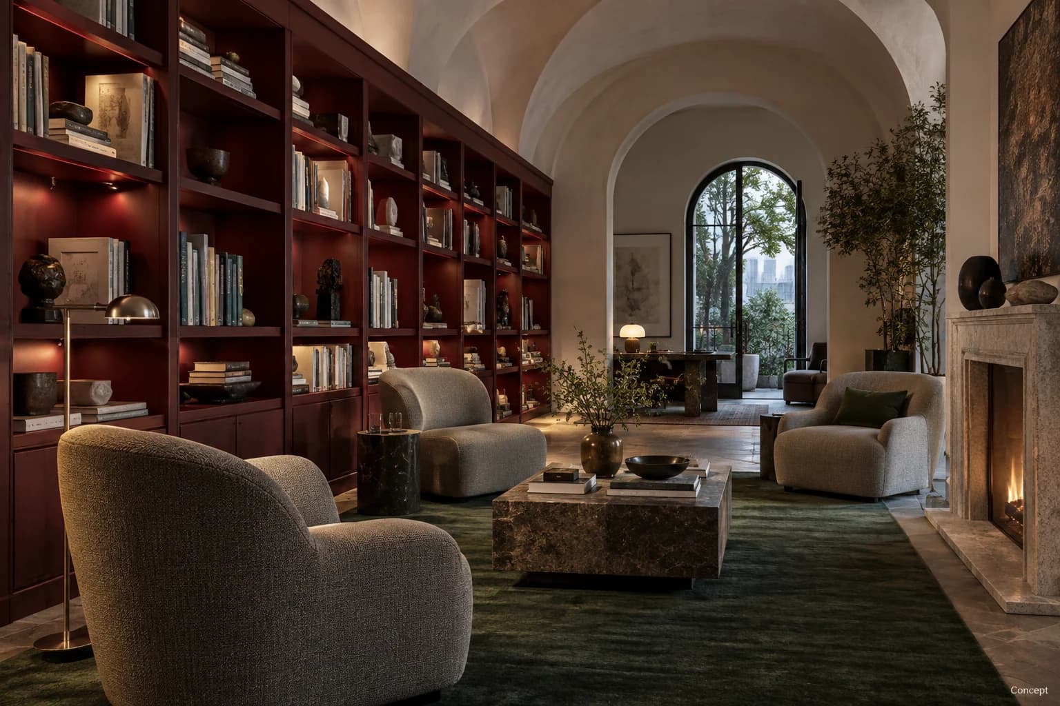 Tall oxblood bookshelves surround lounge chairs and a low table beneath a sequence of pale arches. AI-generated concept study.