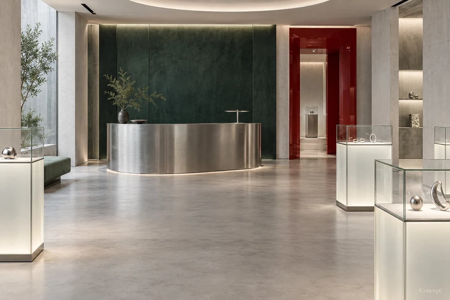 Curved stainless-steel reception desk and glass display cases in a sunlit showroom with a green feature wall. AI-generated concept study.