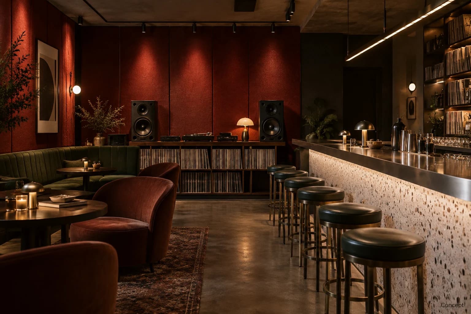 Moody timber listening bar with stools, shelving, red walls and warm recessed lighting. AI-generated concept study.