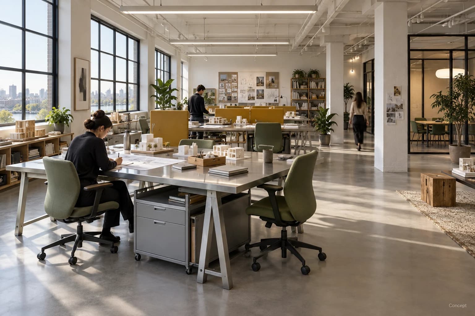 Shared worktables, plants and pale shelving in an open office with large industrial windows. AI-generated concept study.