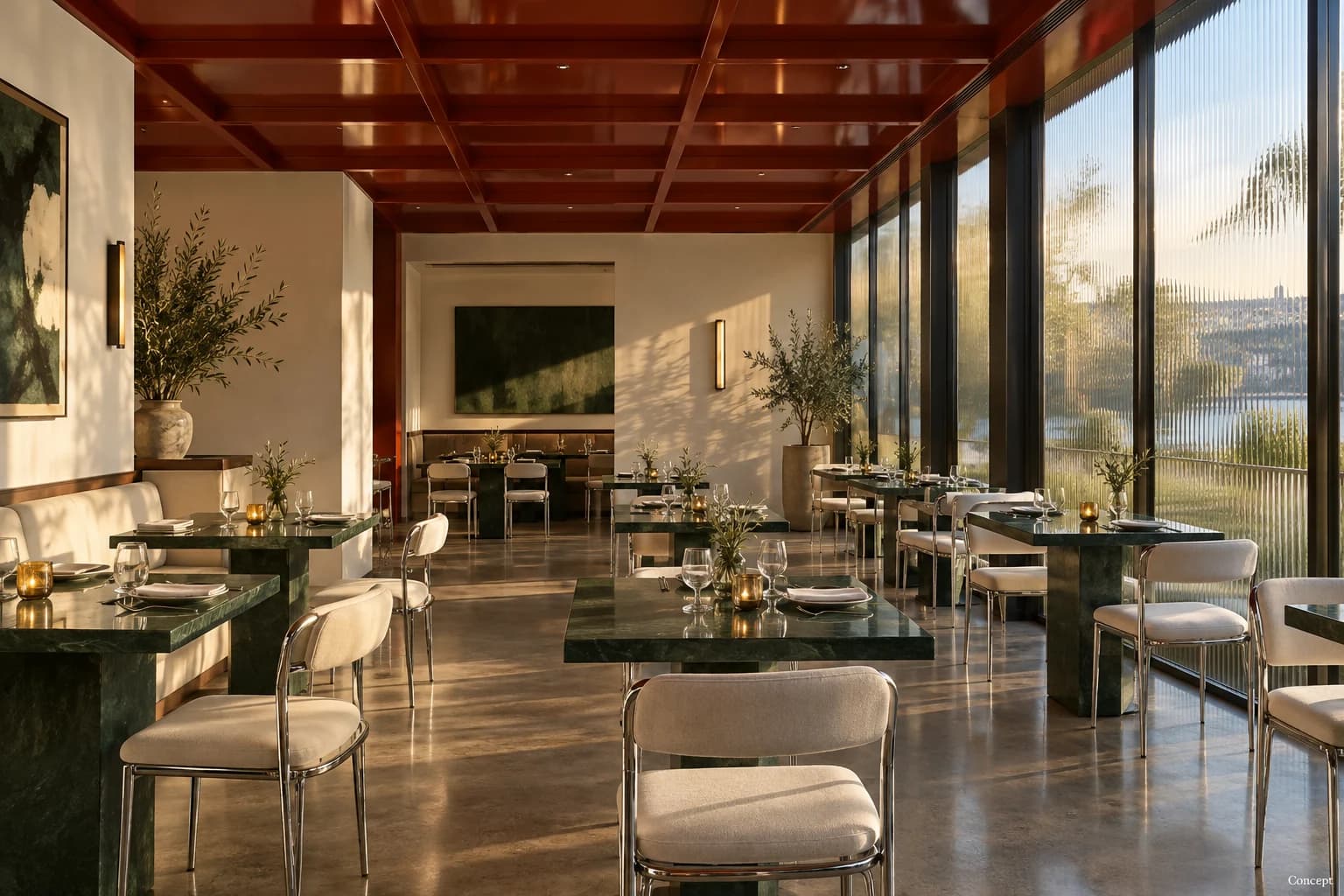 Sunlit restaurant with upholstered chairs, long dining tables and exposed red ceiling beams. AI-generated concept study.