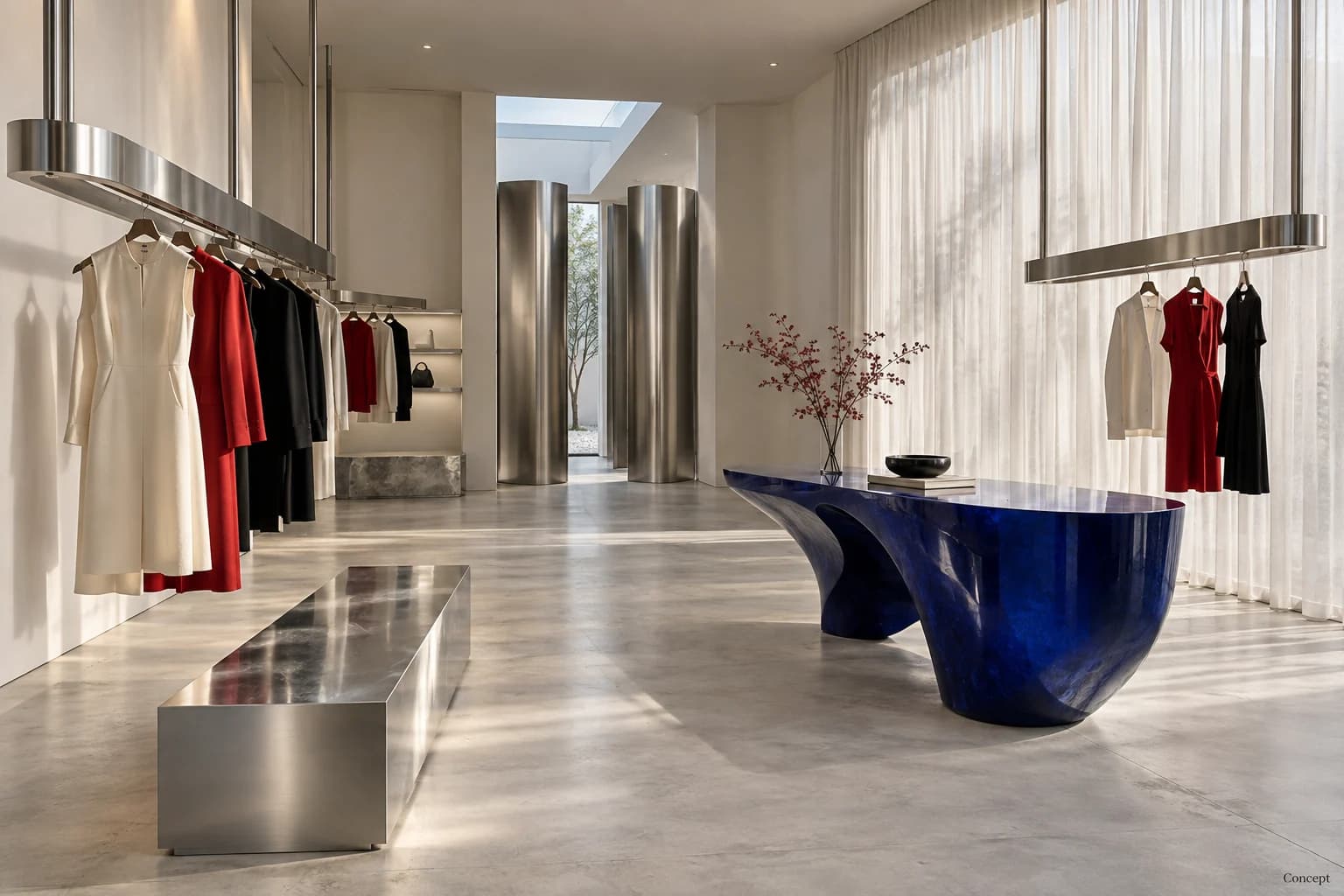 Clothing rails and a sculptural cobalt table in a tall, softly lit fashion boutique. AI-generated concept study.