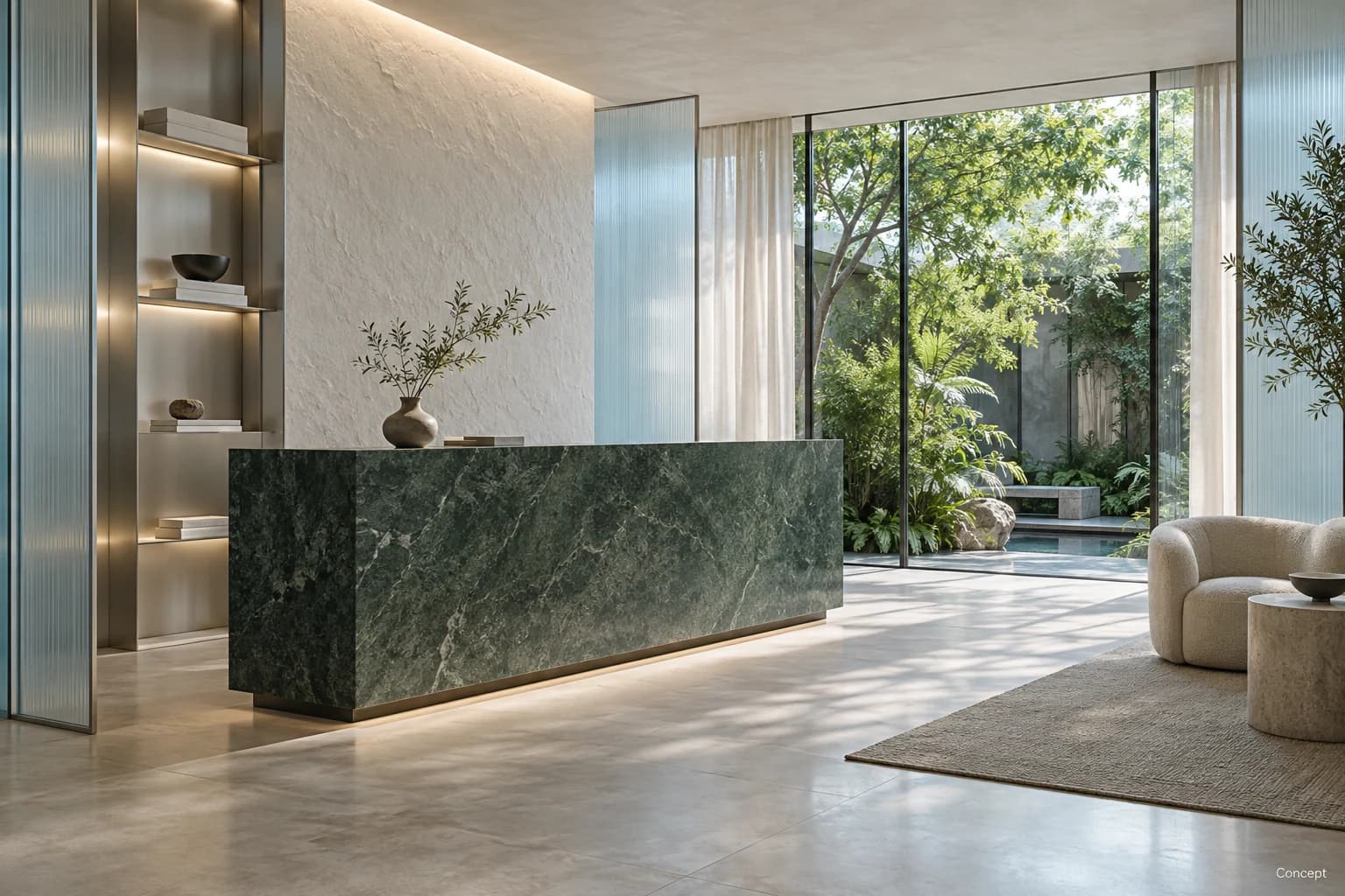 Green stone reception counter, upholstered waiting seat and garden glazing in a tranquil spa lobby. AI-generated concept study.