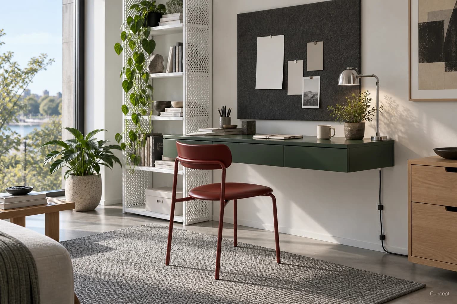 A green built-in desk, red chair, shelves and plants beside a bright residential window. AI-generated concept study.
