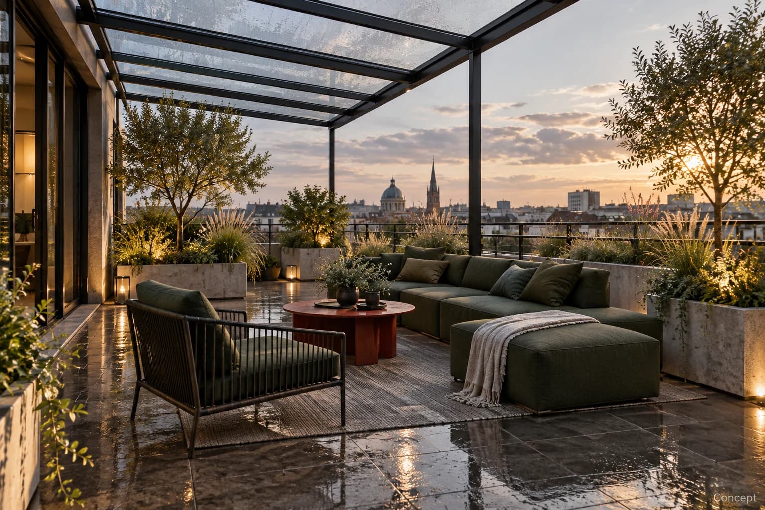 A glazed rooftop lounge with green seating, climbing plants and a sunset skyline. AI-generated concept study.