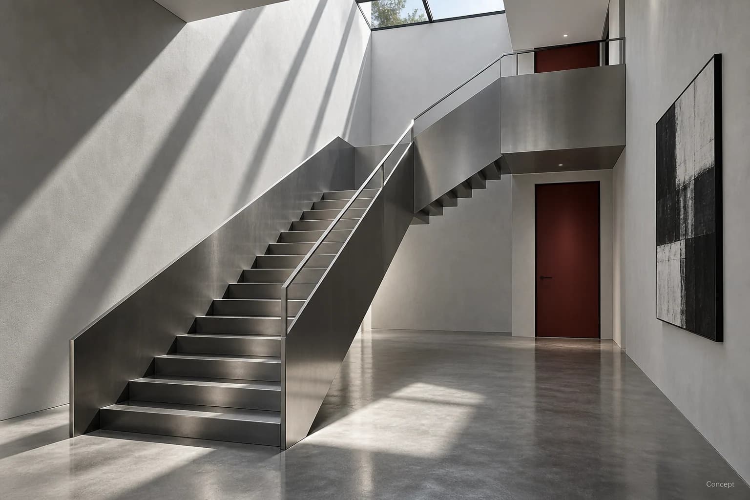 Sculptural folded-steel stair and balustrade casting angular shadows onto pale gallery walls. AI-generated concept study.