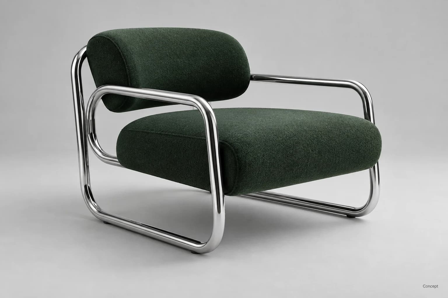 A low forest-green upholstered lounge chair wrapped in a polished tubular chrome frame. AI-generated concept study.