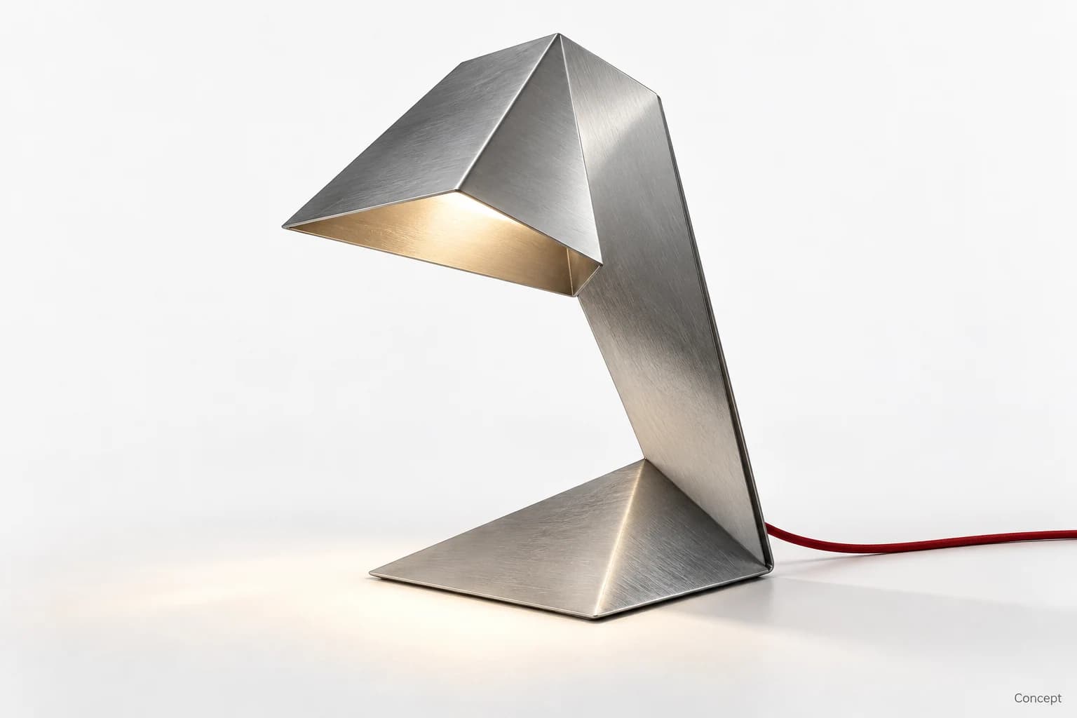 Angular folded-metal desk lamp with a warm illuminated underside and a red power cord. AI-generated concept study.