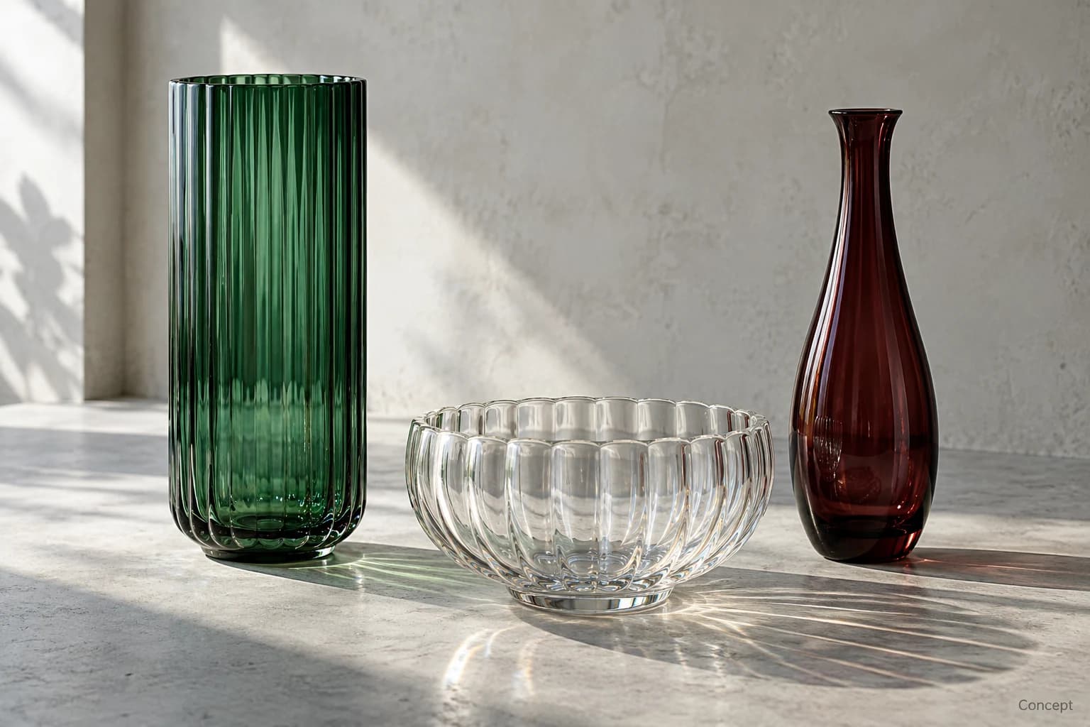 Green, clear and burgundy ribbed glass vessels casting intricate shadows across a stone surface. AI-generated concept study.
