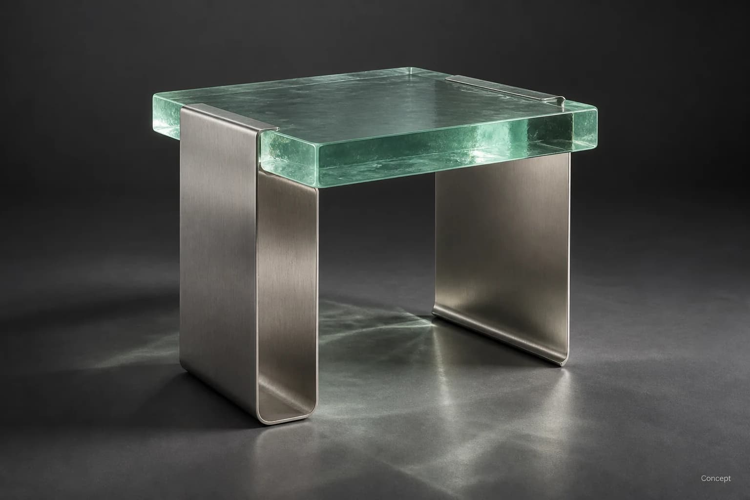 A thick green glass tabletop supported by four brushed-steel legs against a dark background. AI-generated concept study.