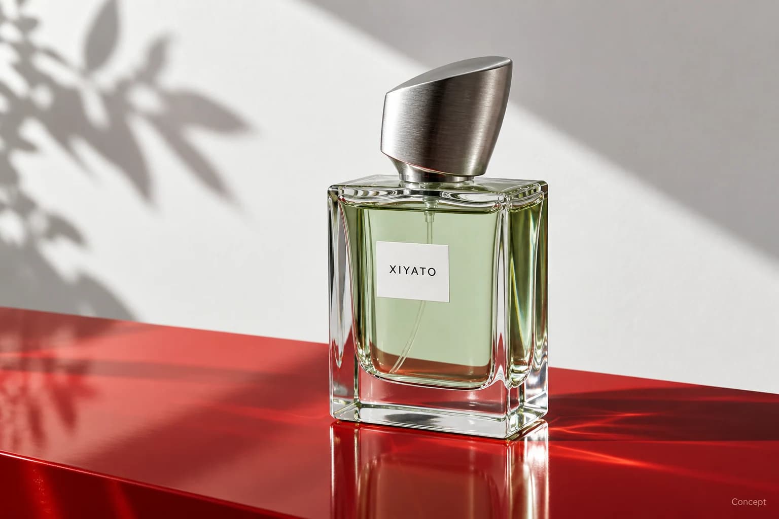 A clear green-tinted perfume bottle with a sculptural silver cap on a glossy red plinth. AI-generated concept study.