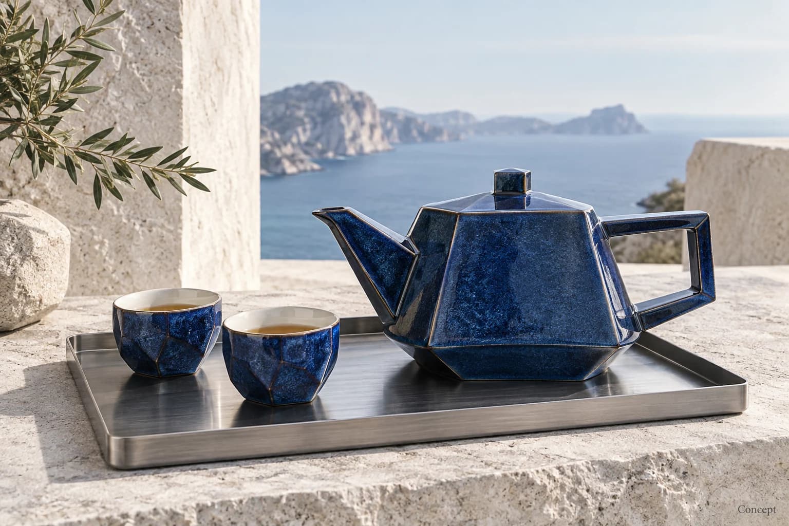 Faceted cobalt teapot and matching cups arranged on pale stone beside a coastal view. AI-generated concept study.