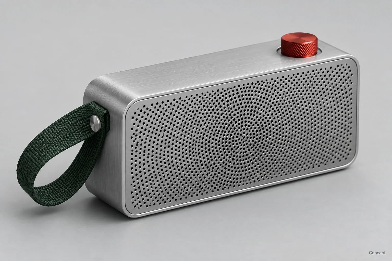 A pale perforated portable speaker with a green carry strap and red control knob. AI-generated concept study.