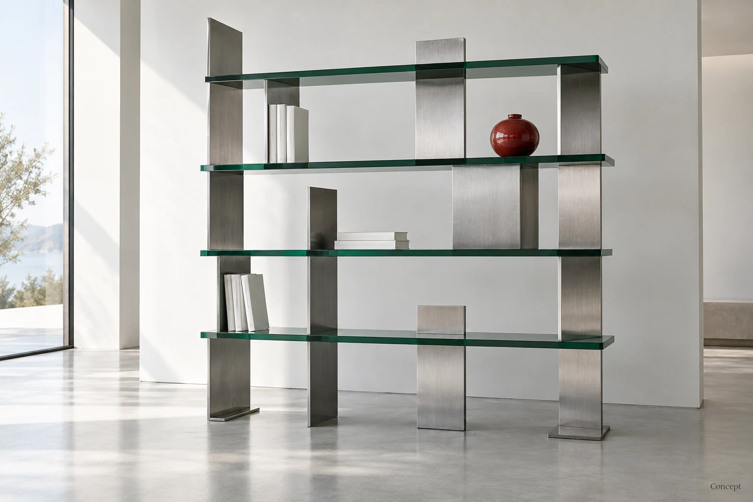 Open brushed-steel shelving with translucent green glass dividers and a single red vessel. AI-generated concept study.