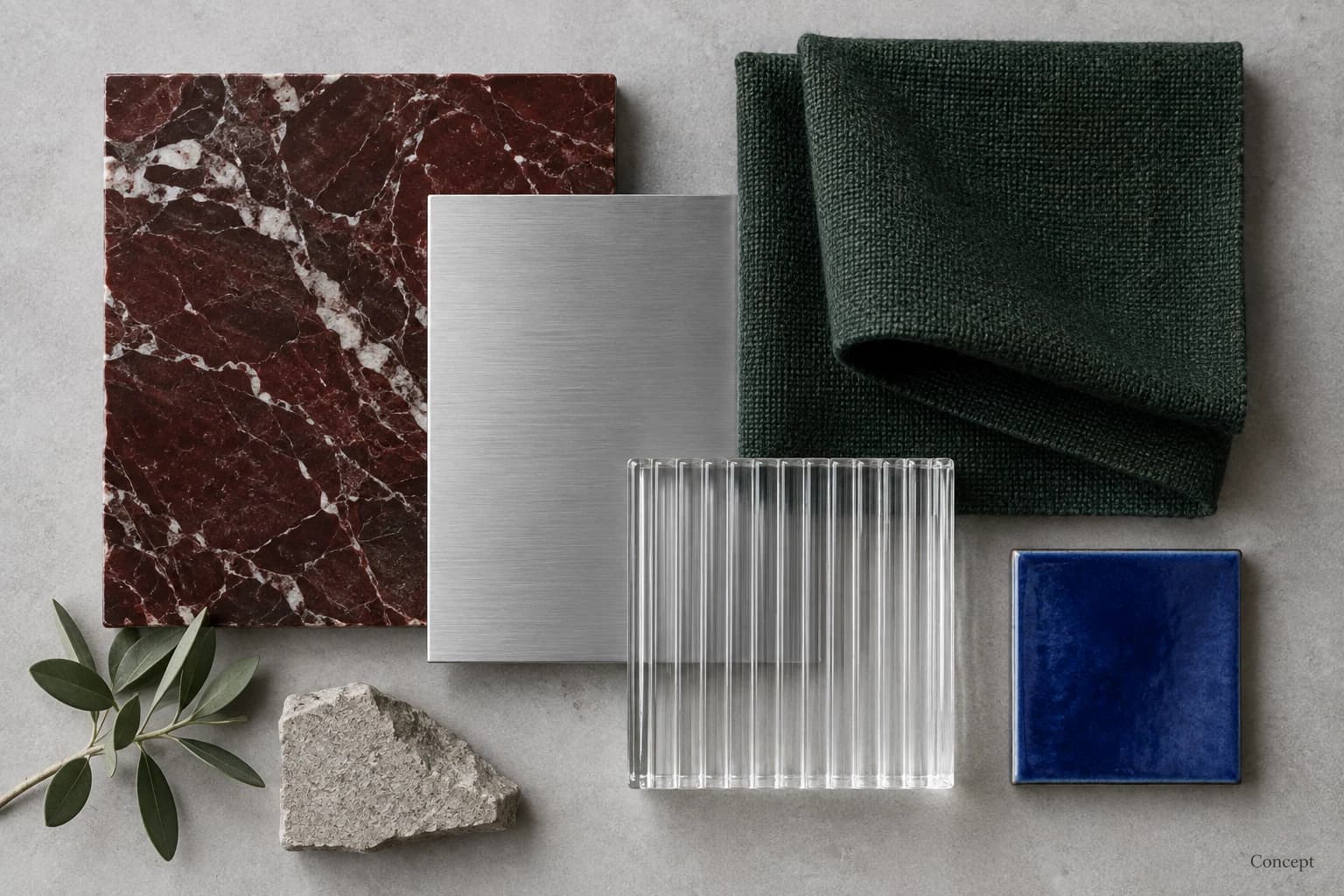Burgundy marble, brushed steel, green fabric, cobalt tile and fluted glass arranged as a material study. AI-generated concept study.