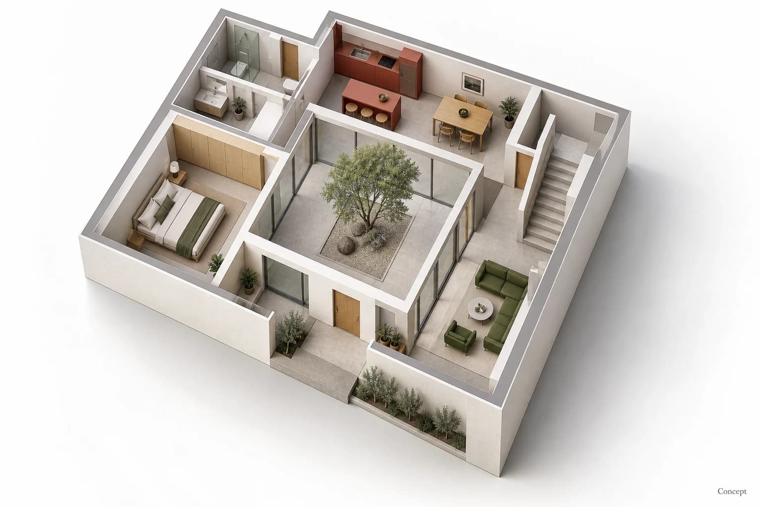 An axonometric architectural model of a single-storey residence surrounding a planted courtyard. AI-generated concept study.