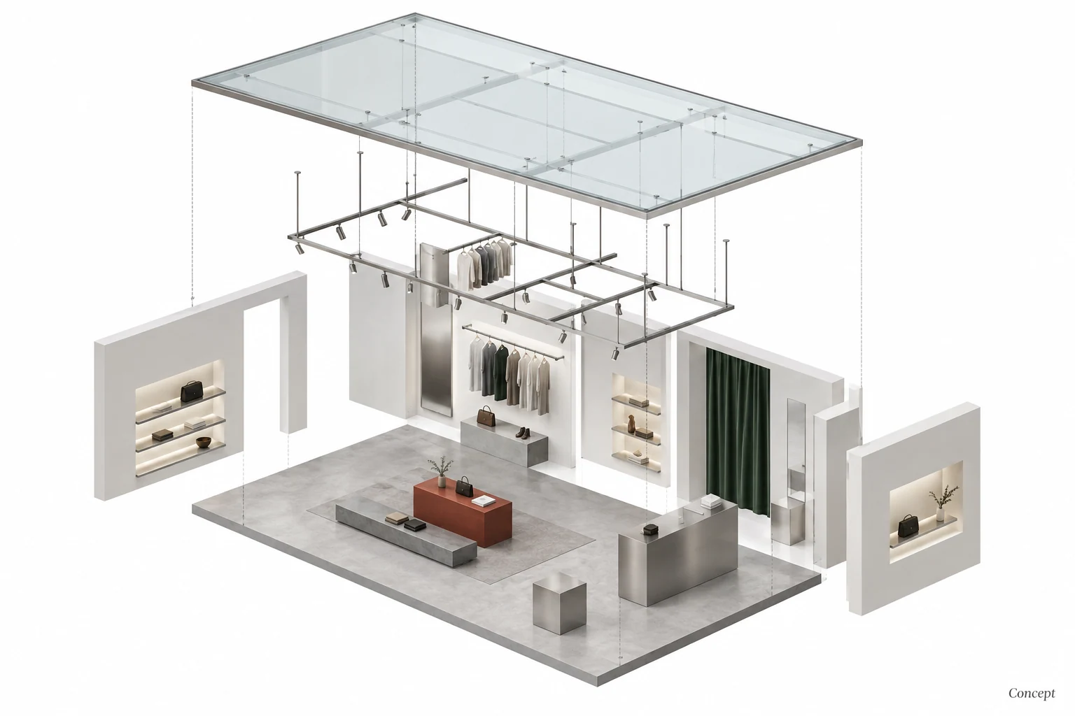 An exploded architectural model separating a boutique roof, glazing, walls and interior fixtures. AI-generated concept study.