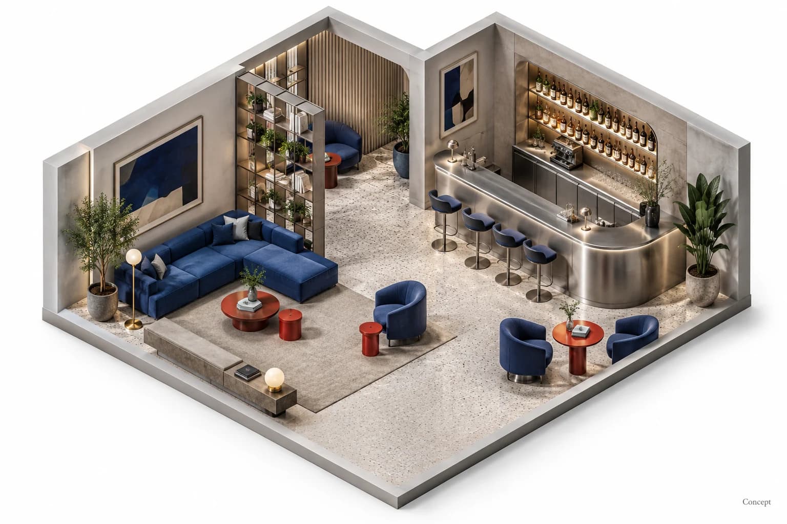 An open isometric hospitality lounge model with cobalt seating, red tables and a bar. AI-generated concept study.