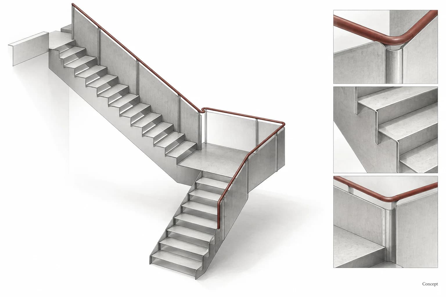 A steel staircase model with a red handrail and enlarged conceptual connection details. AI-generated concept study.