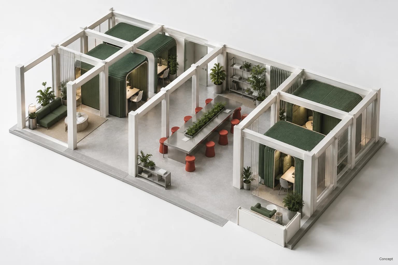 An open architectural model of interconnected workspaces with plants and green inset panels. AI-generated concept study.