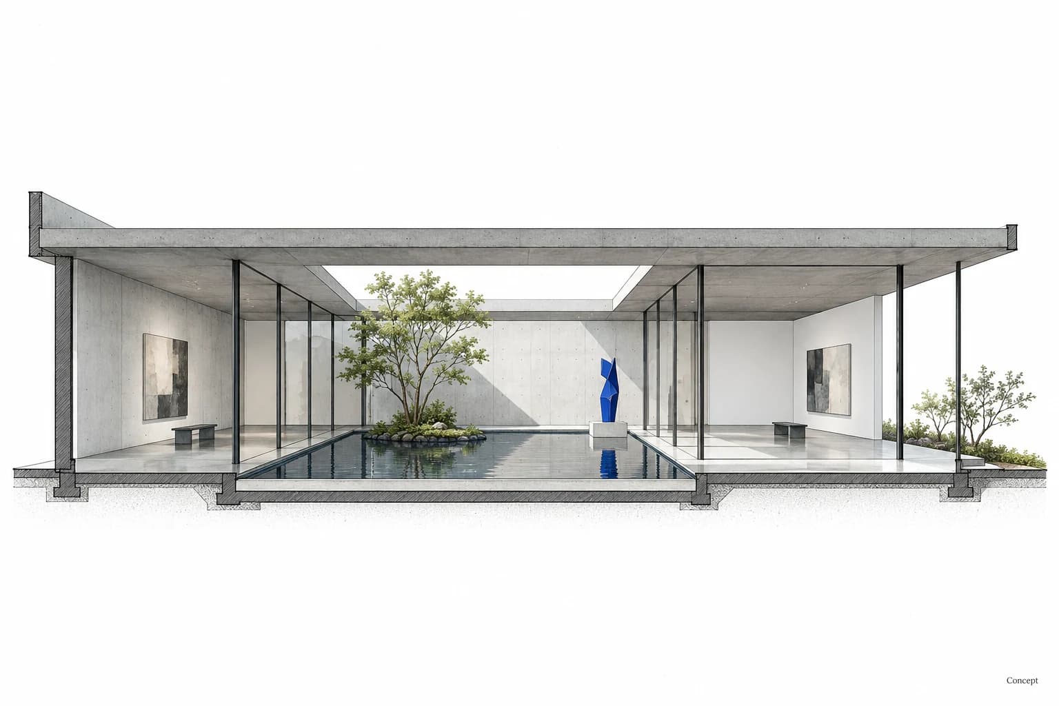 A sectional perspective of a glazed pavilion, with slender structural columns and a planted interior. AI-generated concept study.
