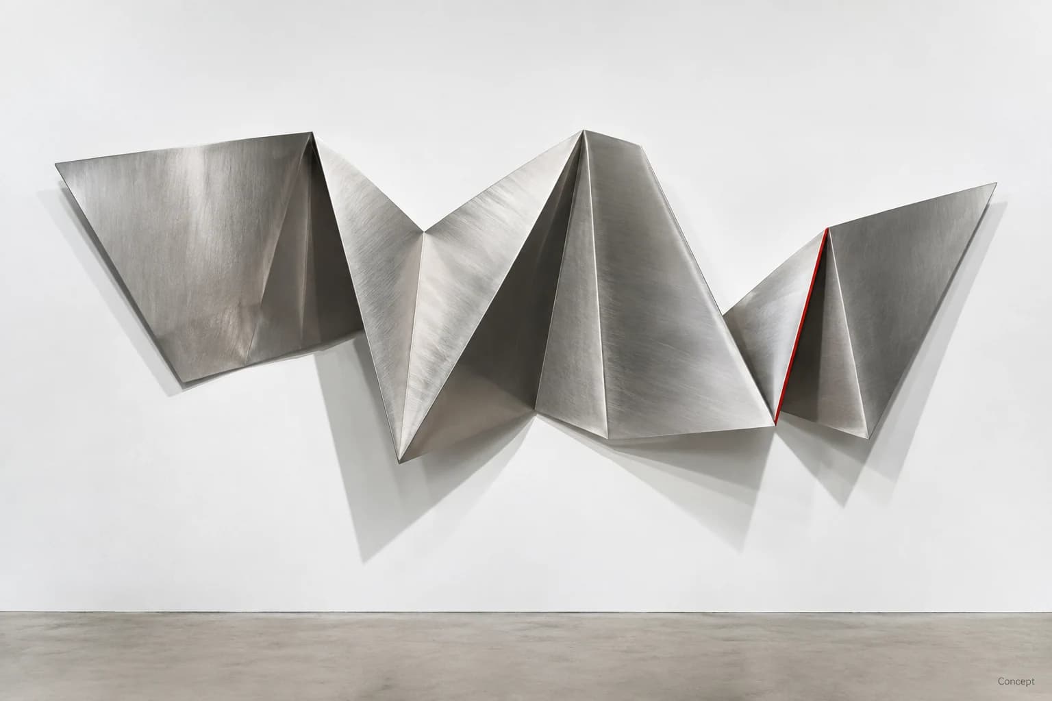 An angular folded-silver wall relief casting geometric shadows onto a pale surface. AI-generated concept study.