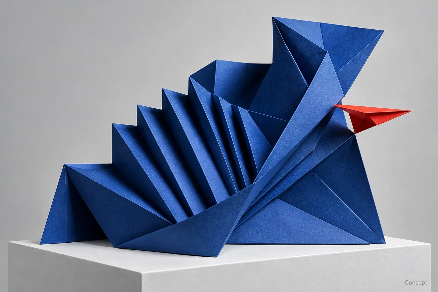 A folded cobalt-blue paper sculpture with a small red accent on a white plinth. AI-generated concept study.